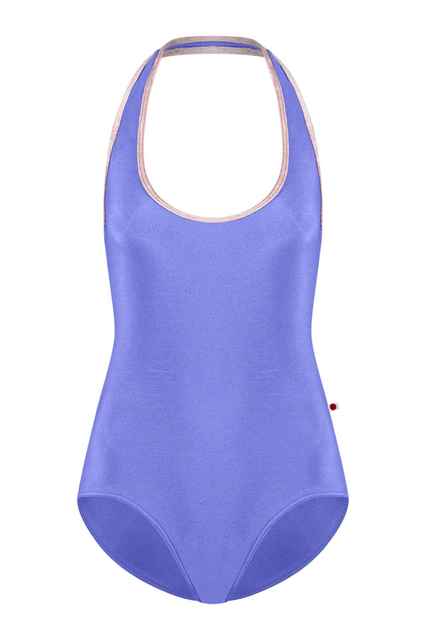 A sleeveless one-piece swimsuit in a periwinkle shade with a thin beige trim along the neckline and halter straps, shown against a plain white background.