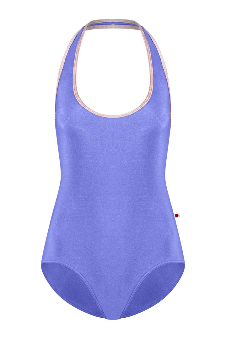 A sleeveless one-piece swimsuit in a periwinkle shade with a thin beige trim along the neckline and halter straps, shown against a plain white background.