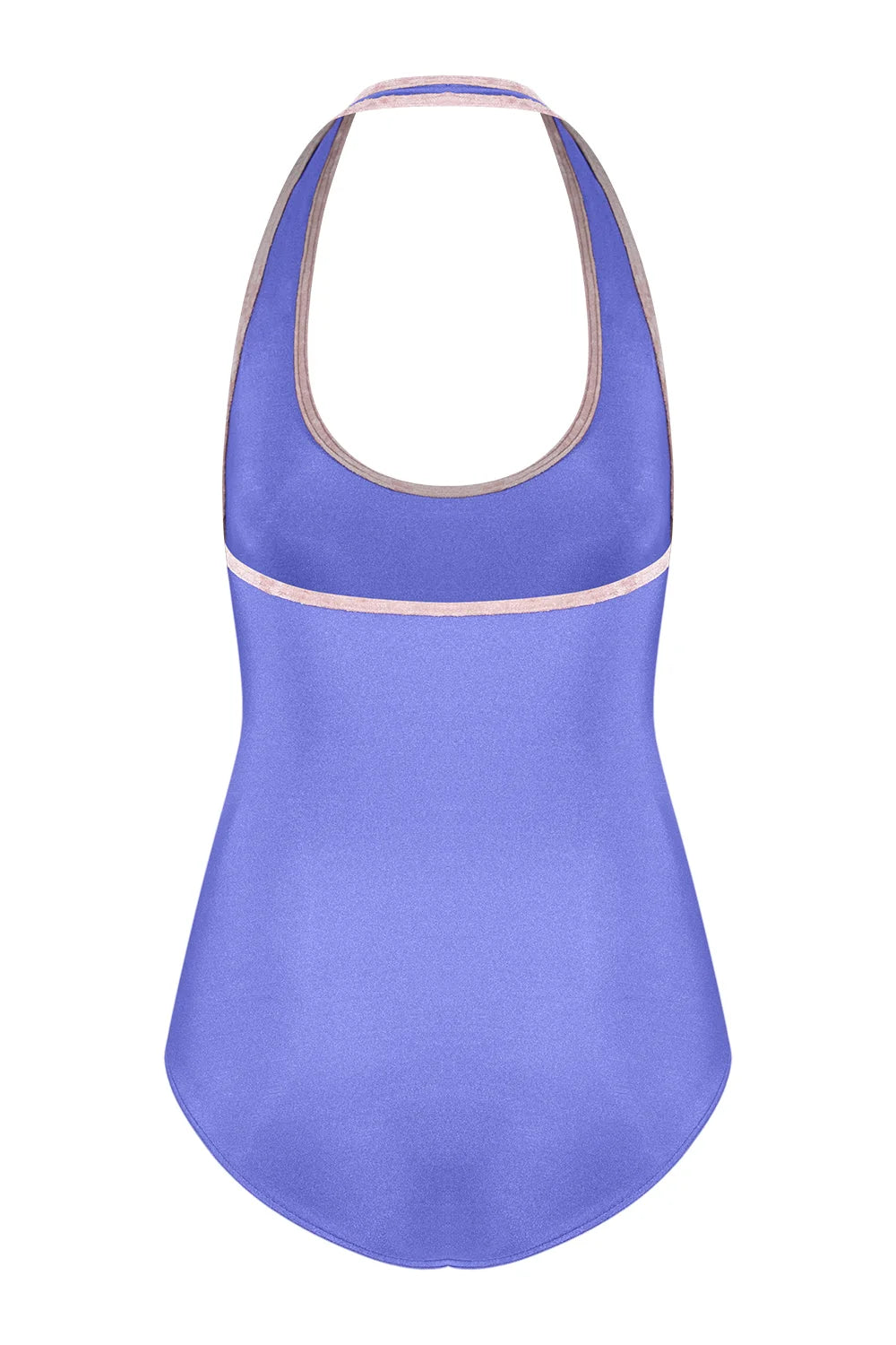 A sleeveless halter-neck swimsuit in a periwinkle shade with light pink trim, shown against a plain white background.