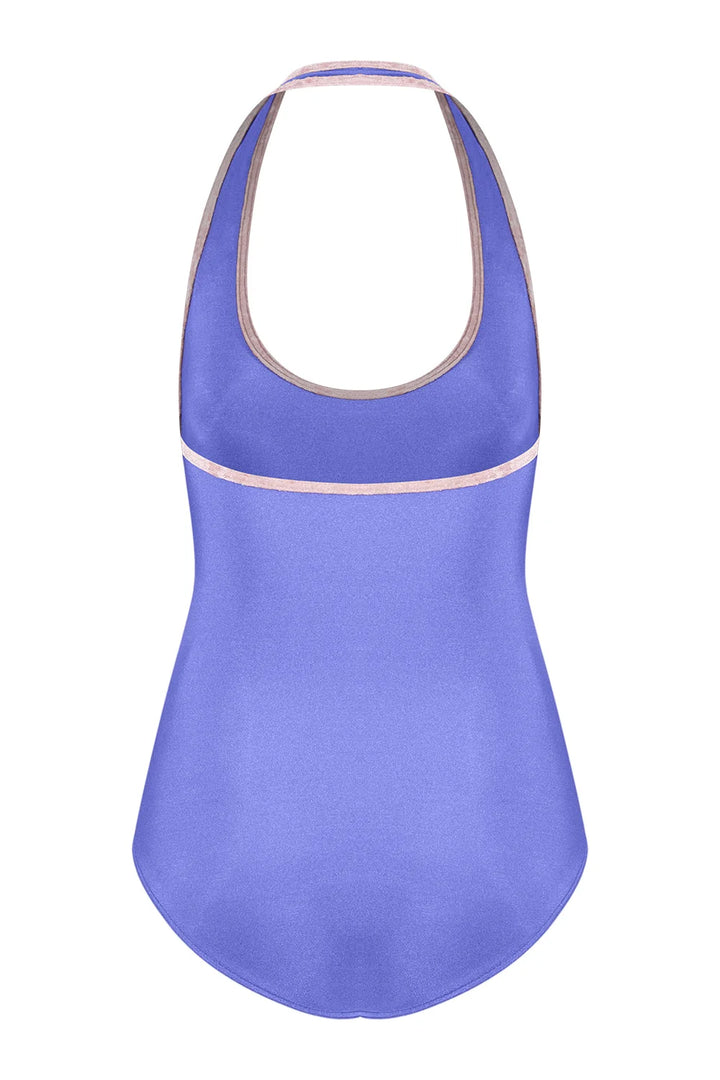 A sleeveless halter-neck swimsuit in a periwinkle shade with light pink trim, shown against a plain white background.