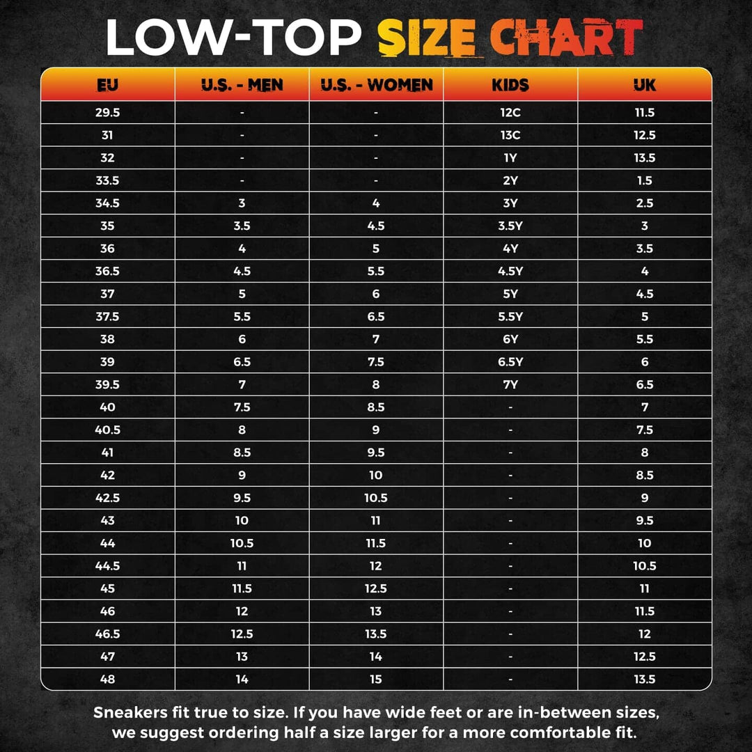 Low-top size chart with measurements in EU, U.S. Men's, U.S. Women's, Kids, and UK sizes on a black background.