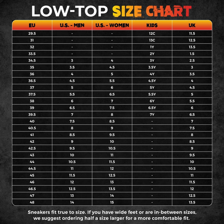 Low-top size chart with measurements in EU, U.S. Men's, U.S. Women's, Kids, and UK sizes on a black background.