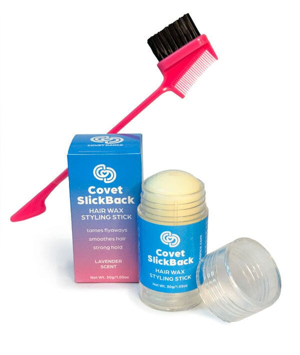 Covet SlickBack hair wax styling stick with packaging and comb on a white background