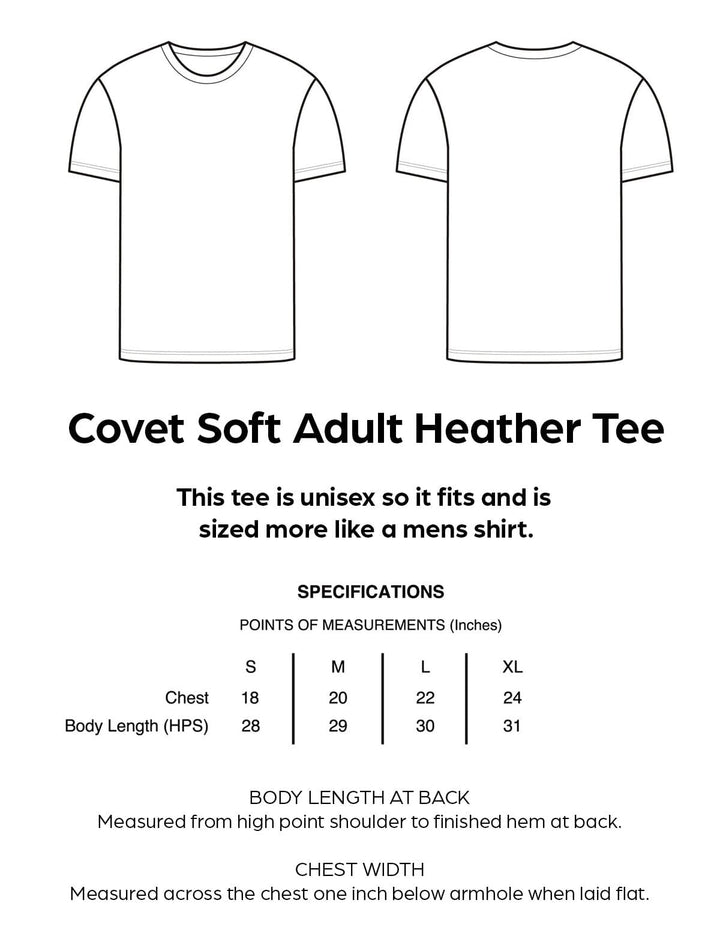 Covet Soft Adult Heather Tee specifications with front and back views on a white background