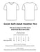 Covet Soft Adult Heather Tee specifications with front and back views on a white background