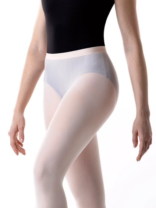 Person wearing pink tights and a black top on a white background