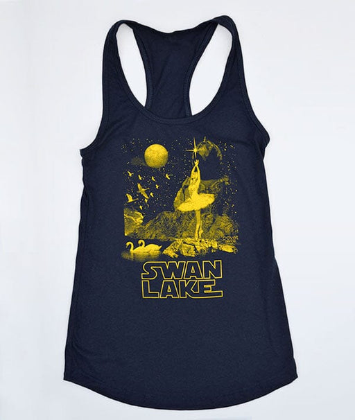 Navy tank top with 'Swan Lake' graphic design on a white background