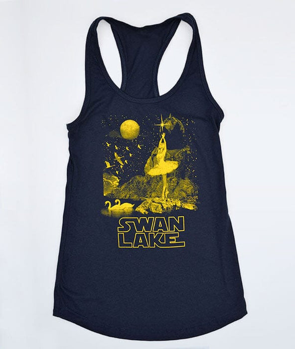 Navy tank top with 'Swan Lake' graphic design on a white background