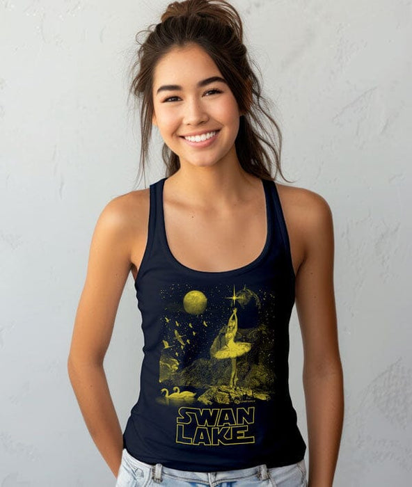 Woman wearing a black tank top with 'Swan Lake' graphic design against a white background