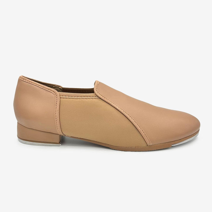 Tan slip-on shoe on a white background