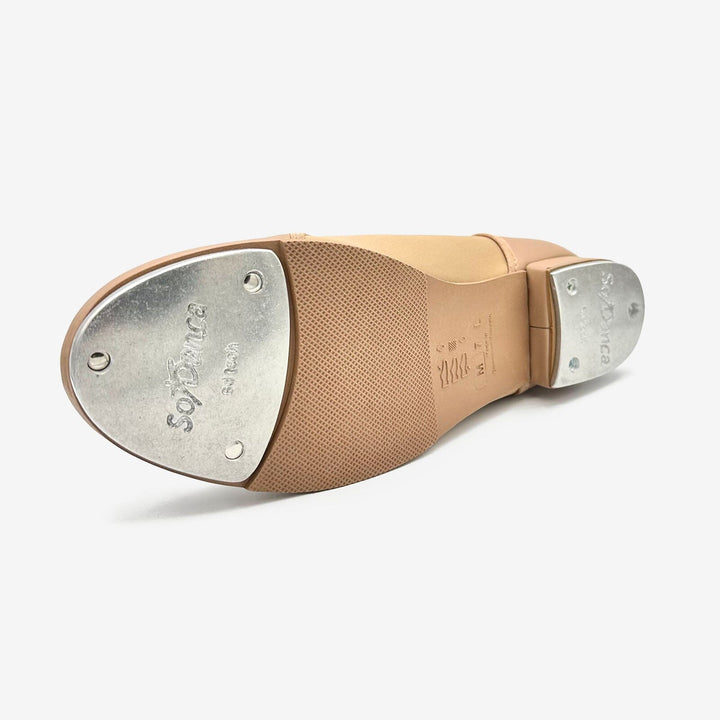 Close-up of a tap shoe sole with metallic taps on a white background