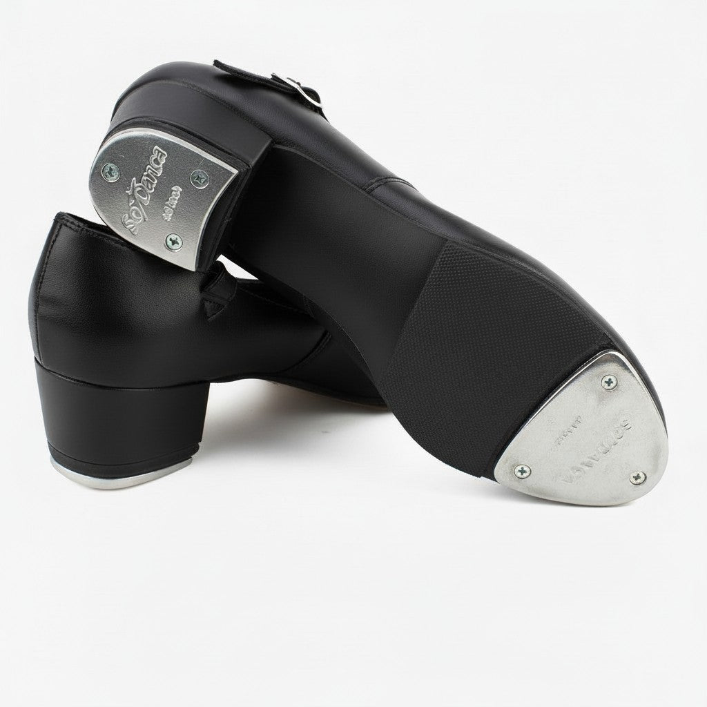 Black tap shoe with silver toe taps on a white background
