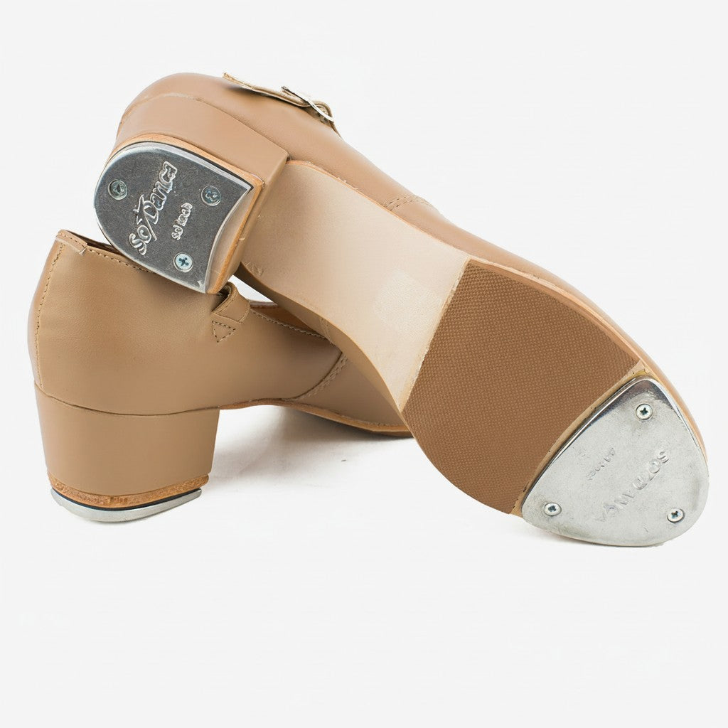 Tan tap shoe with metal toe and heel on a white background