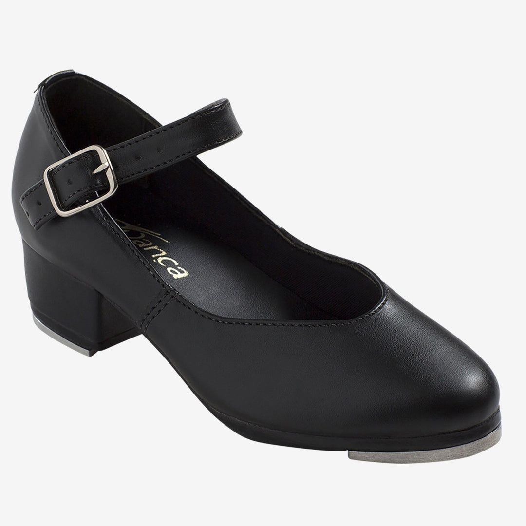 Black tap shoe with a strap and buckled closure on a white background