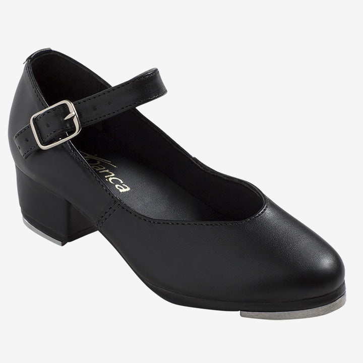 Black tap shoe with a strap and buckled closure on a white background