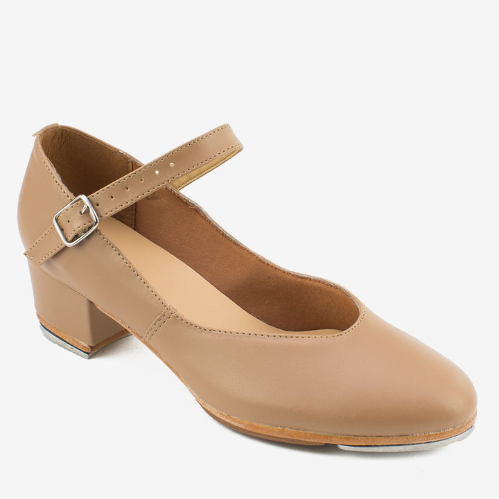 Beige shoe with a strap and buckle on a white background
