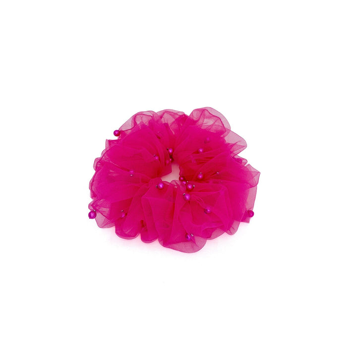 Pink tulle scrunchie with beads on a white background