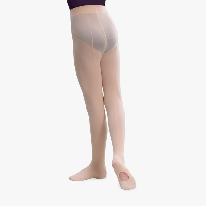 A model's lower body wearing sheer, skin-toned compression tights or shapewear, shown from the waist down against a plain light gray background.