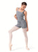 Dancer in a gray romper with white tights on a white background