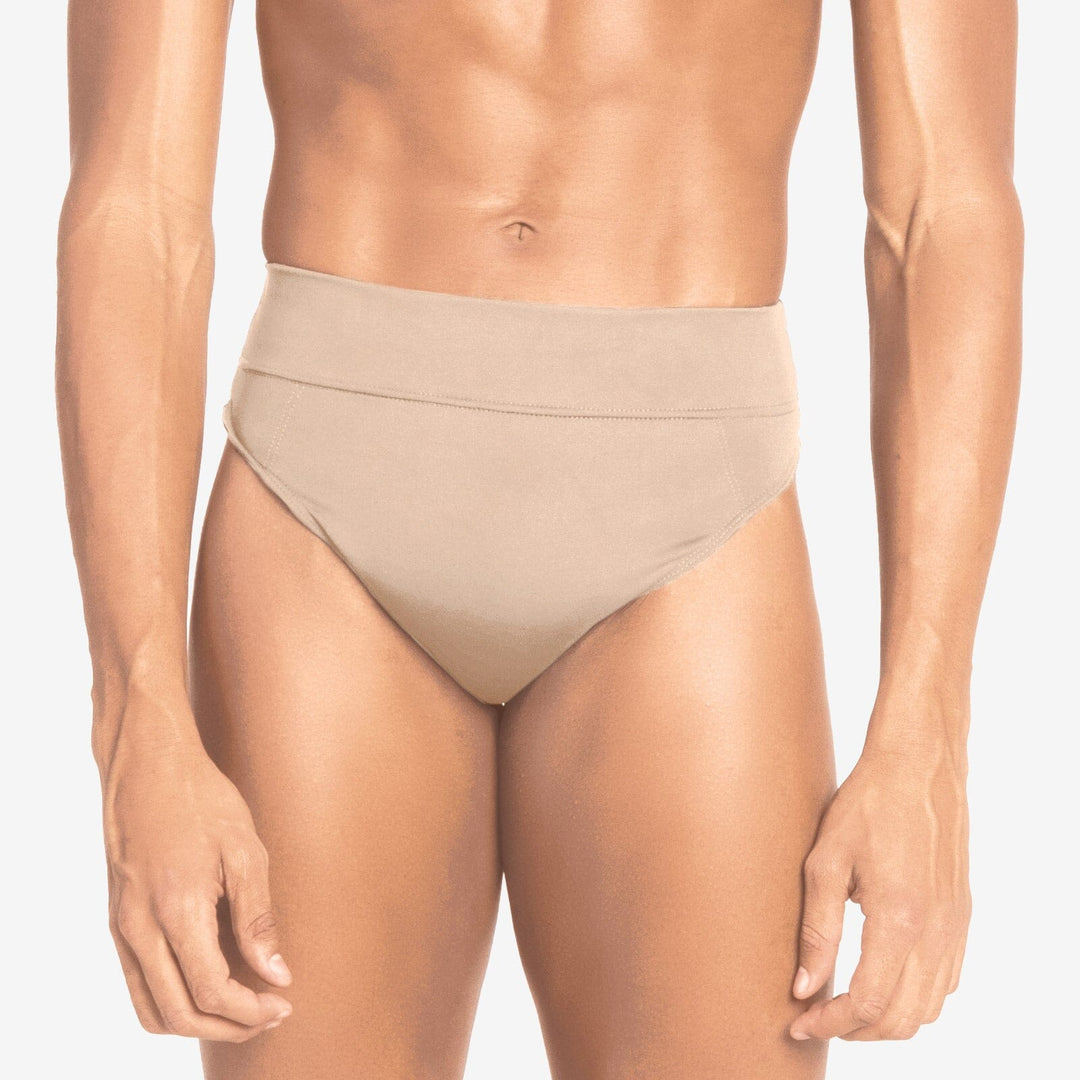Beige high-waisted bikini bottom worn by a person on a plain background