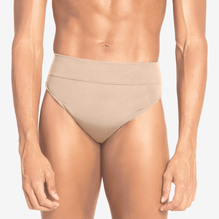 Beige high-waisted bikini bottom worn by a person on a plain background