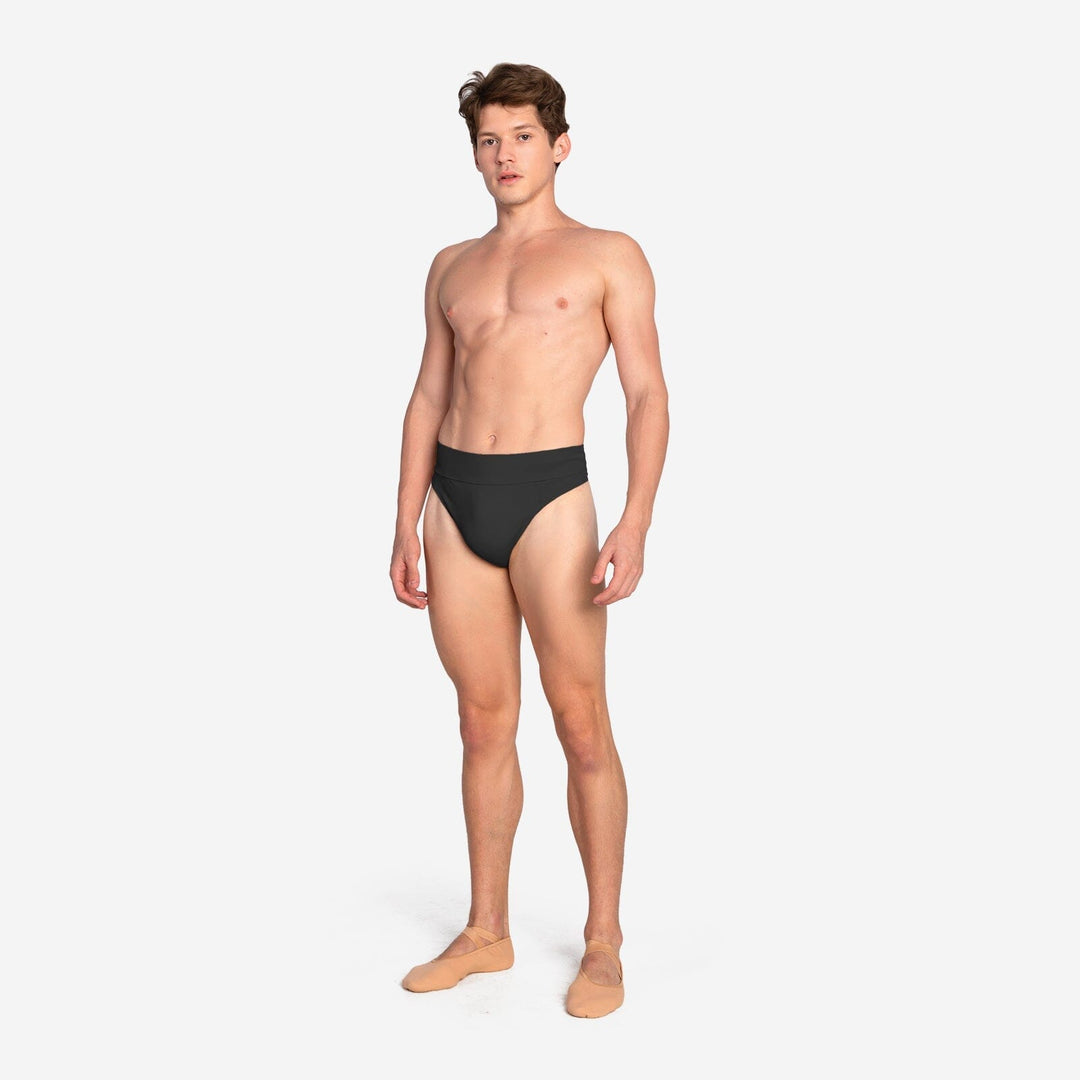 Man wearing a black swimsuit on a white background