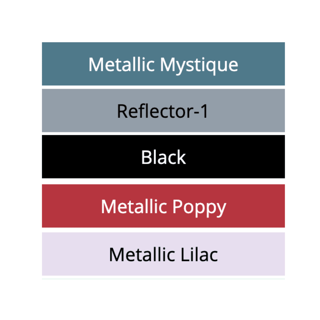 Color swatches labeled 'Metallic Mystique', 'Reflector-1', 'Black', 'Metallic Poppy', and 'Metallic Lilac' on a white background.