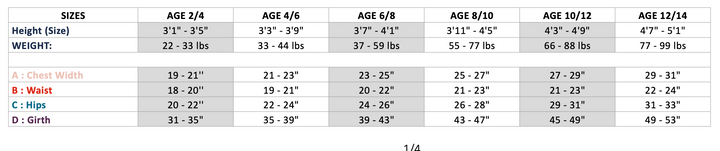 A size chart table for apparel, showing height and weight measurements in centimeters and inches for ages 2/4, 3/6, 6/8, 8/10, 10/12, and 12/14, with waist, bust, hips, and girth ranges.
