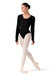 Ballerina in a black leotard and cardigan with beige tights on a white background