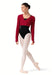 Dancer wearing a red long-sleeve top, black leotard, and beige tights on a white background
