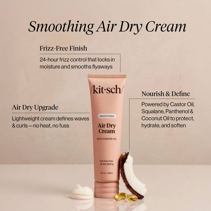 Kit-sch Smoothing Air Dry Cream tube with product details on a beige background