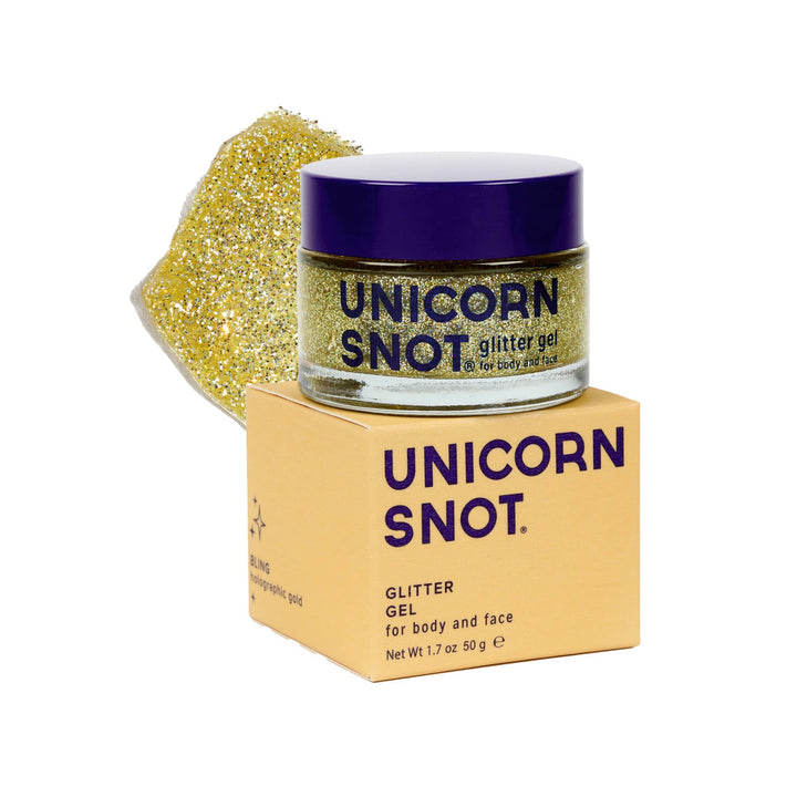 Jar of Unicorn Snot glitter gel with packaging on a white background