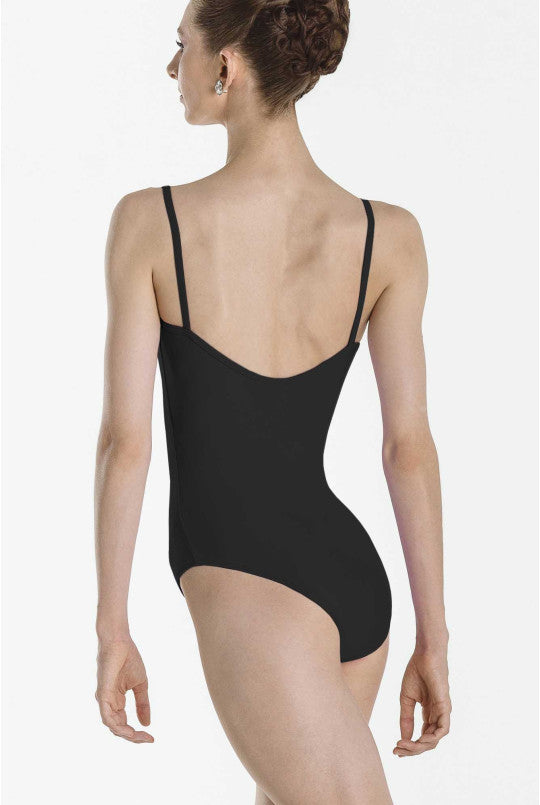 Black leotard worn by a model on a white background