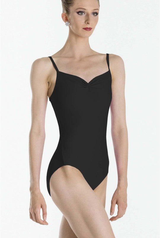 Black leotard worn by a model on a white background