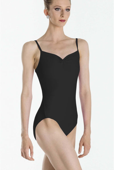 Black leotard worn by a model on a white background