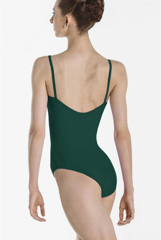 Green leotard worn by a model on a white background