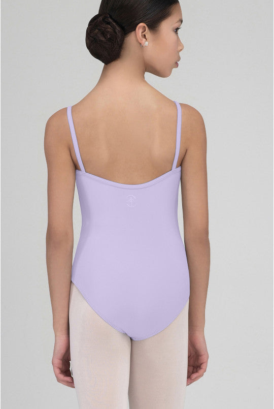 Person wearing a lilac leotard on a plain background