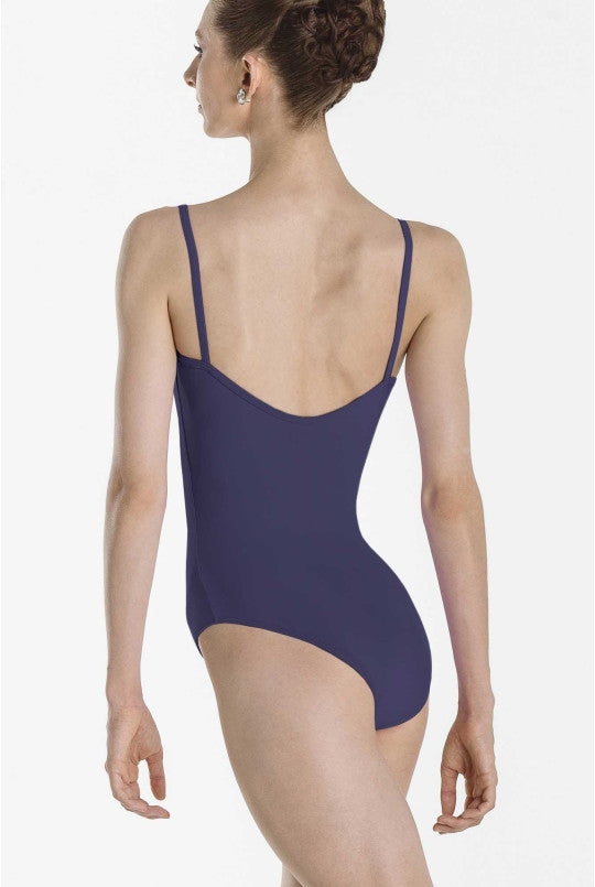 Navy leotard worn by a model on a white background