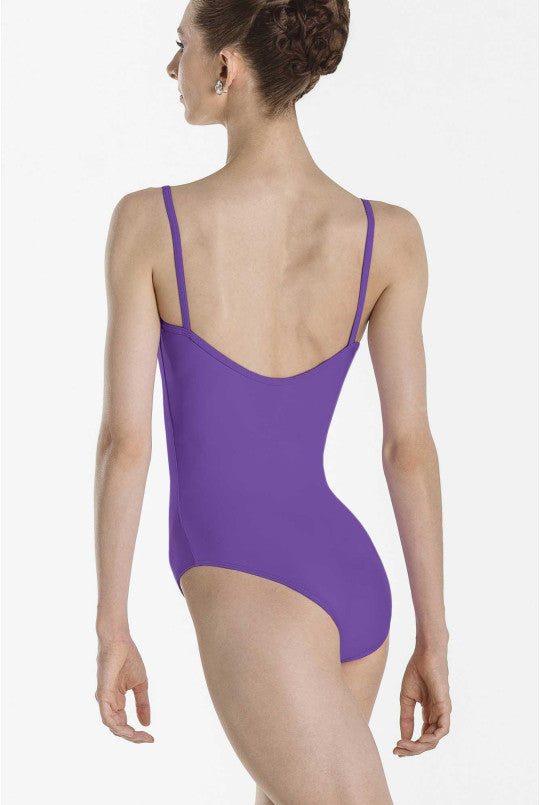 Purple leotard worn by a model on a white background