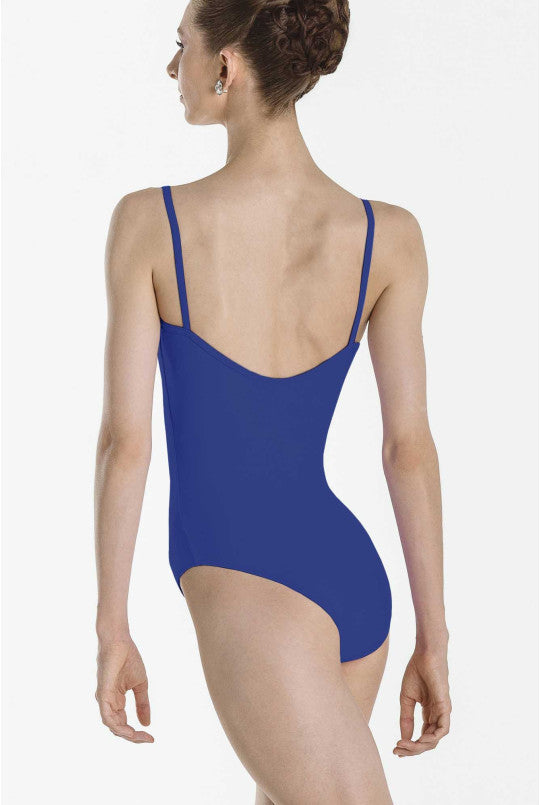 Royal leotard worn by a model on a white background
