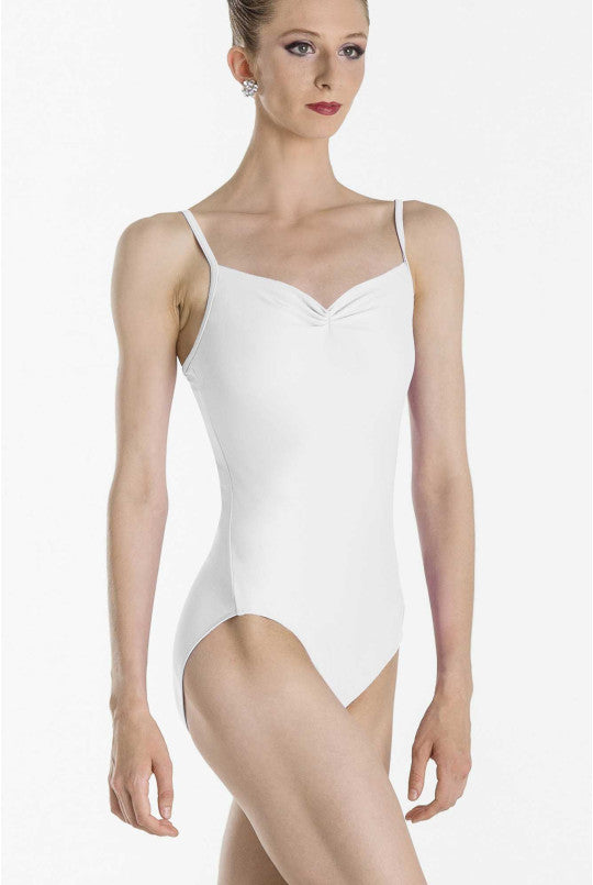 White leotard worn by a model on a white background