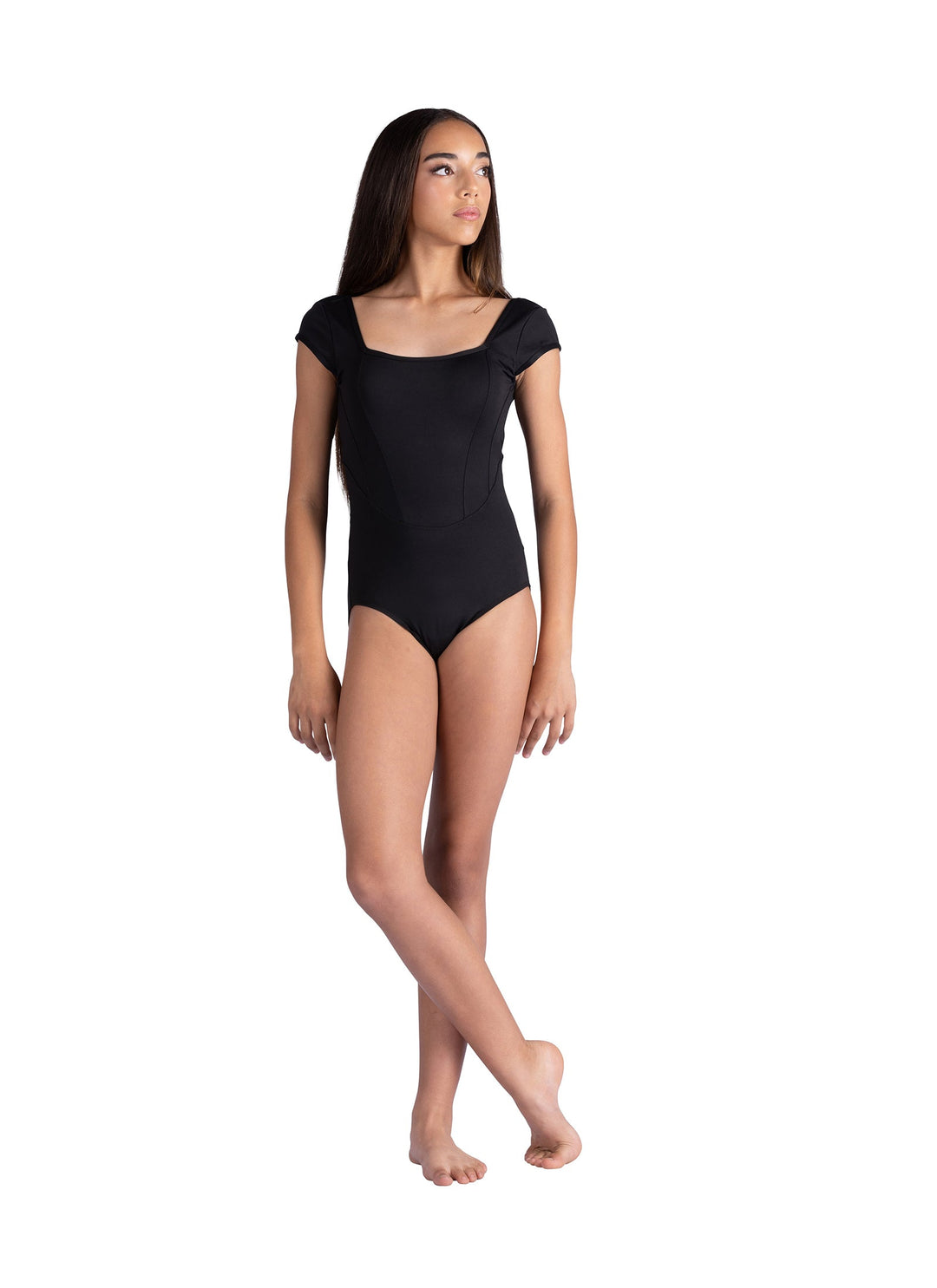Person wearing a black leotard on a white background