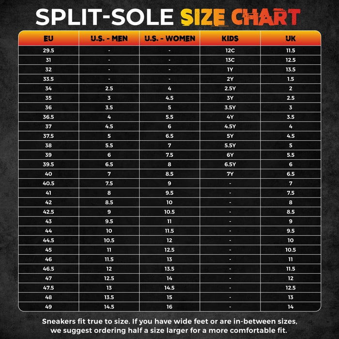Split-sole size chart with various shoe sizes listed on a black background
