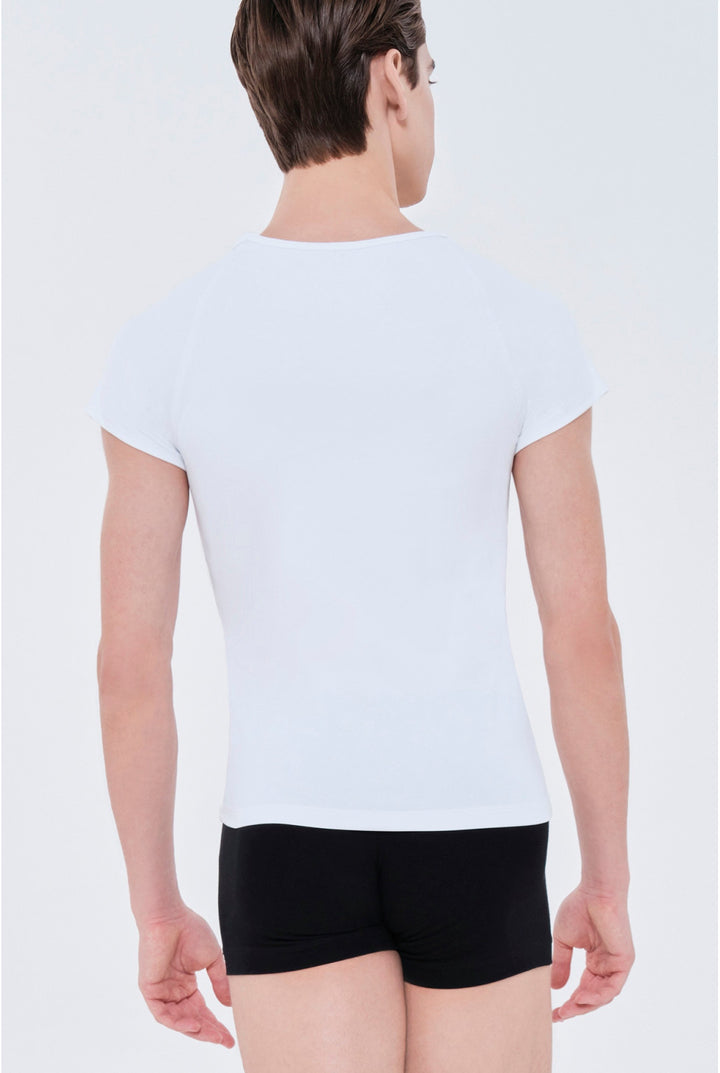 Person wearing a light blue t-shirt and black shorts on a white background