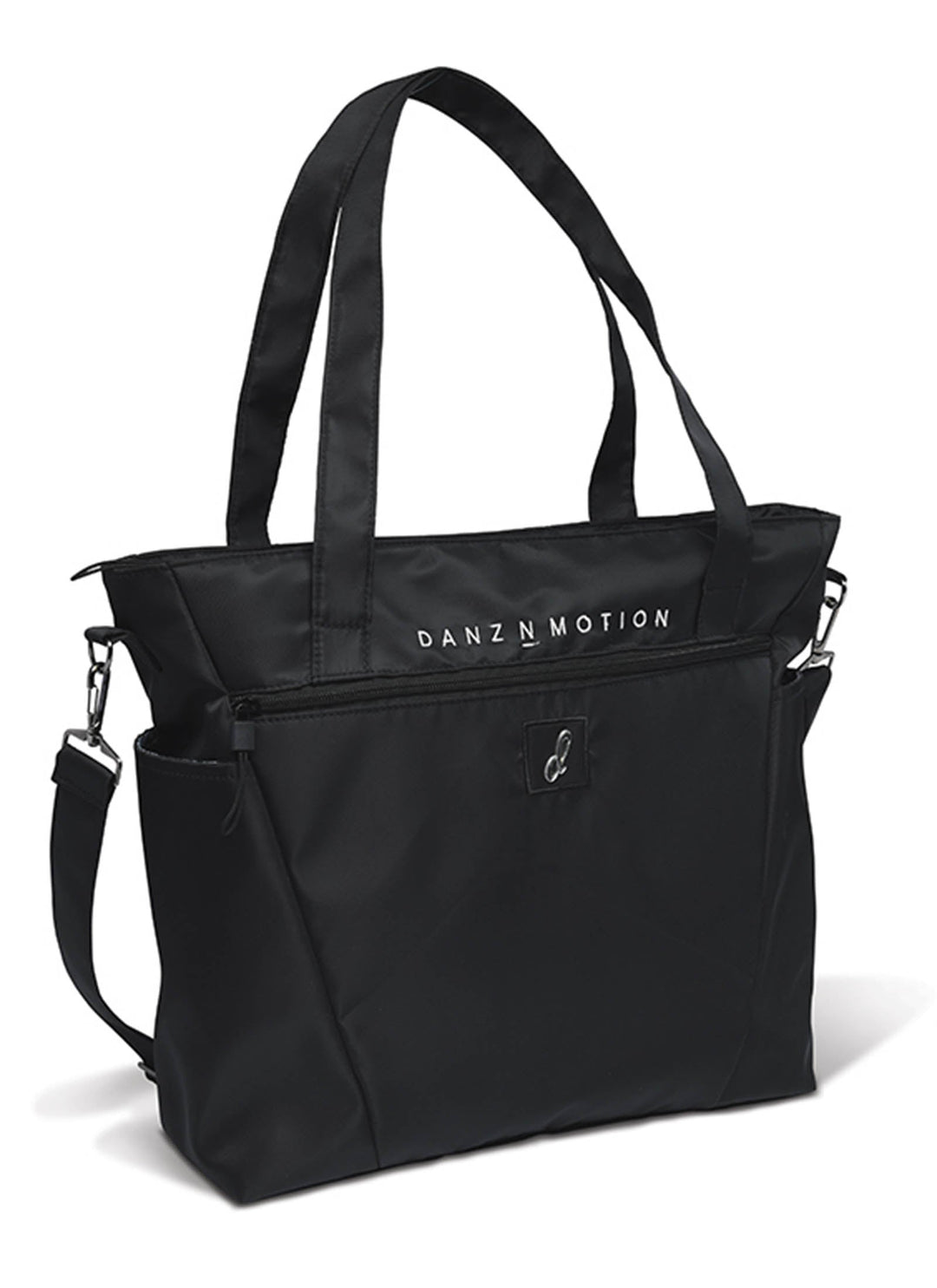Black tote bag with 'DANZ N MOTION' branding on a white background