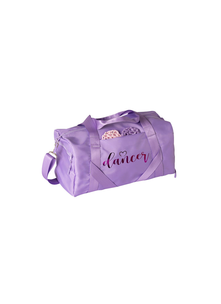 Purple dance bag with 'dancer' text and tiara design on a white background