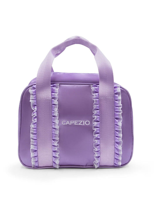 Purple bag with ruffles and 'Capezio' branding on a white background