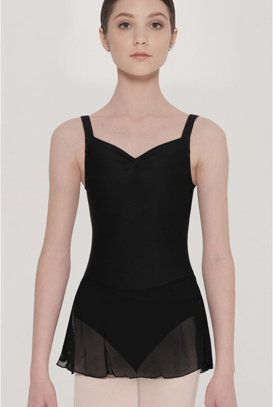 Person wearing a black ballet leotard on a plain background