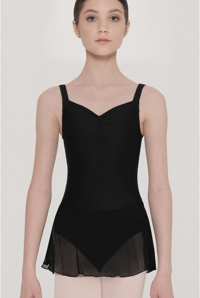 Person wearing a black ballet leotard on a plain background