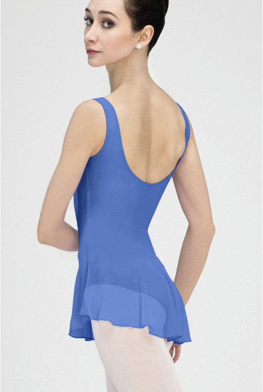 Woman wearing a blue leotard on a white background